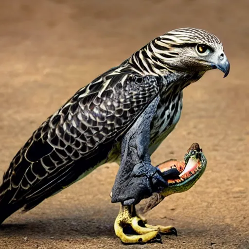 Image similar to Hawk morphed with a crocodile, hyper realistic HD photo, taken at zoo