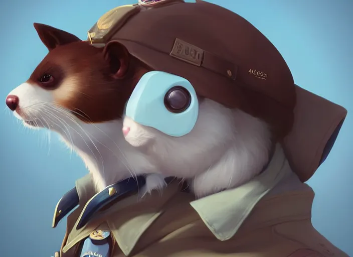 Image similar to character portrait feature of the anthro male anthropomorphic ferret fursona wearing airline pilot outfit uniform professional pilot character design stylized by charlie bowater, ross tran, artgerm, and makoto shinkai, detailed, soft lighting, rendered in octane