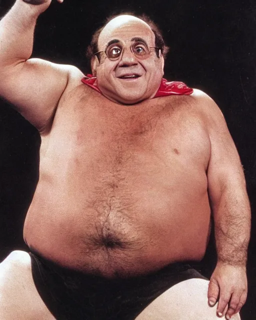 Image similar to portrait of danny devito as a professional wrestler. photographic, photography