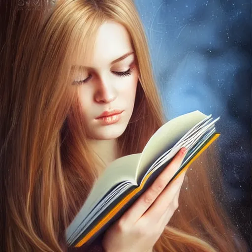 Prompt: a girl reading a book, hair flowing down, symmetric!, 8 k, hyperrealistic, hyperdetailed, fantasy portrait by laura sava