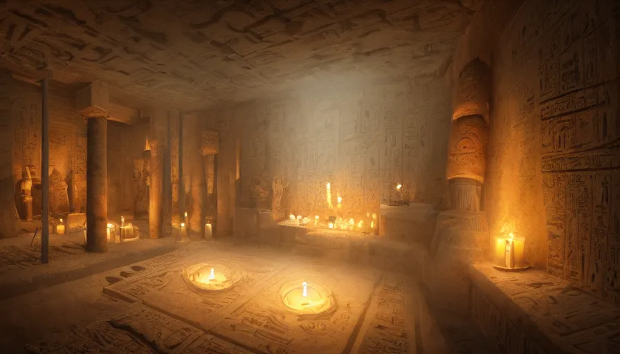 Image similar to A highly detailed matte painting of interior of ancient Egyptian tomb, candle lights, cobwebs, mummy, dark, by Studio Ghibli, Makoto Shinkai, by Artgerm, by WLOP, by Greg Rutkowski, volumetric lighting, octane render, 4K resolution, trending on artstation, masterpiece