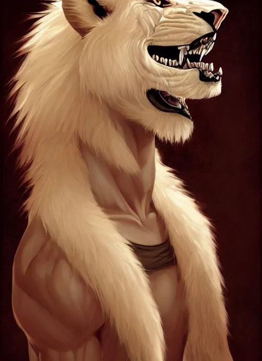 Prompt: aesthetic portrait commission of a of a male fully furry muscular anthro albino lion blindfolded in an asylumn horror art. Character design by charlie bowater, ross tran, artgerm, and makoto shinkai, detailed, inked, western comic book art, award winning film poster painting