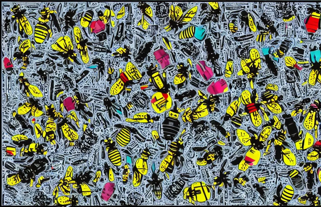 Image similar to pop art collage of mechanical bees, style of Andy Warhol