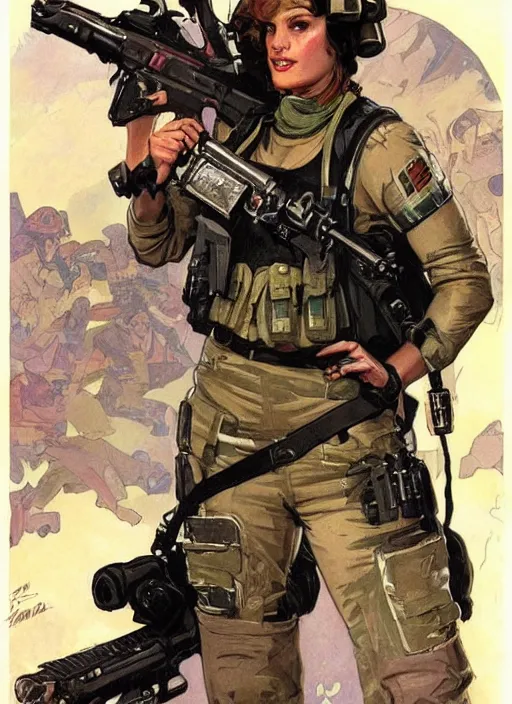 Prompt: Dinah. USN special forces operator. rb6s Concept art by James Gurney and Alphonso Mucha.