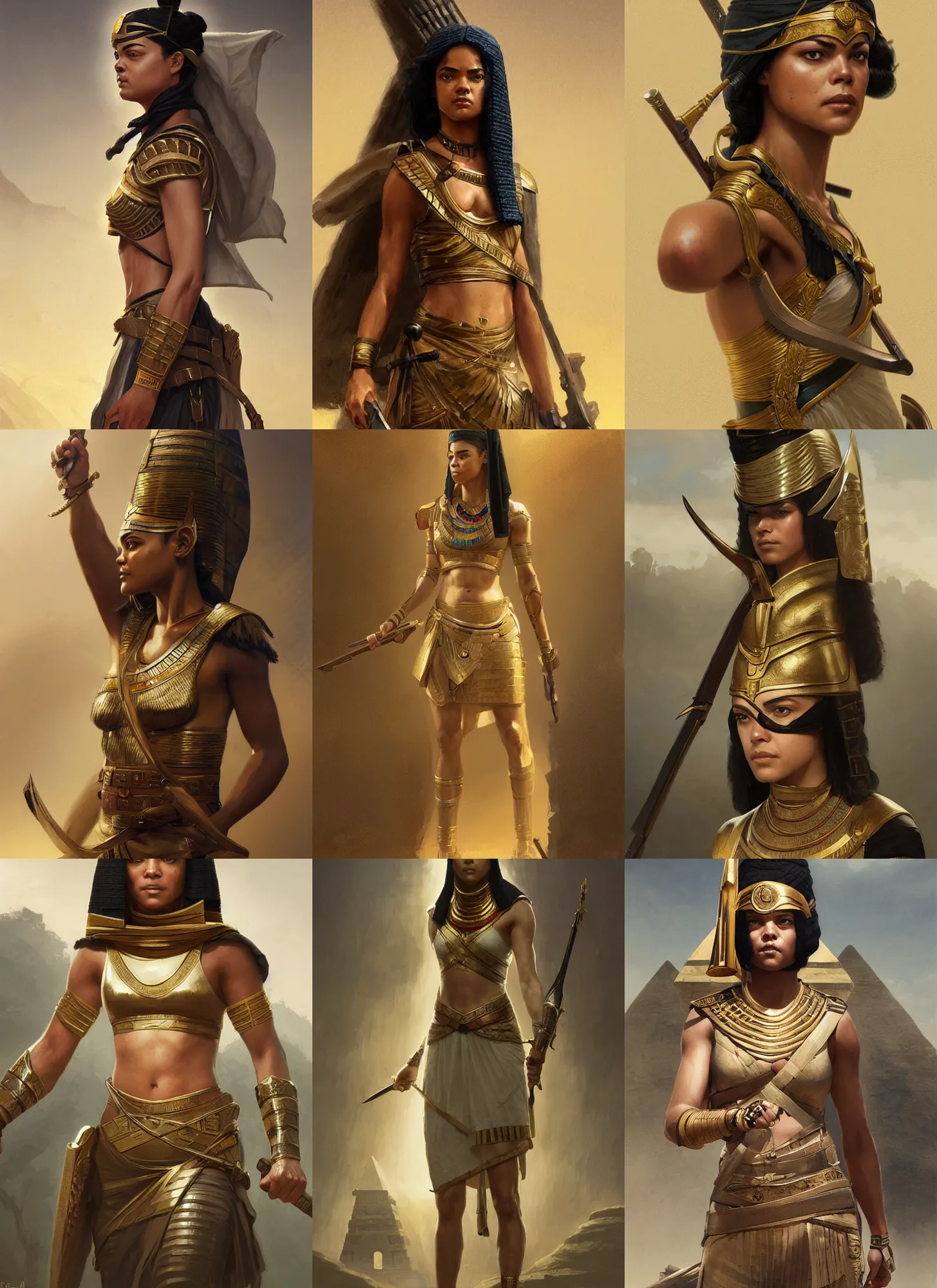 Prompt: Tessa Thompson as ancient egyptian female soldier, intricate, elegant, highly detailed, digital painting, artstation, concept art, smooth, sharp focus, illustration, art by greg rutkowski and bouguereau and aleksi briclot