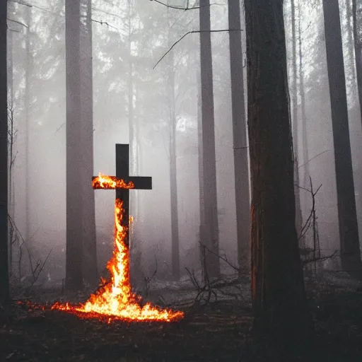 Image similar to robert lewandowski in front of a burning christian cross, night, forest, dark, black