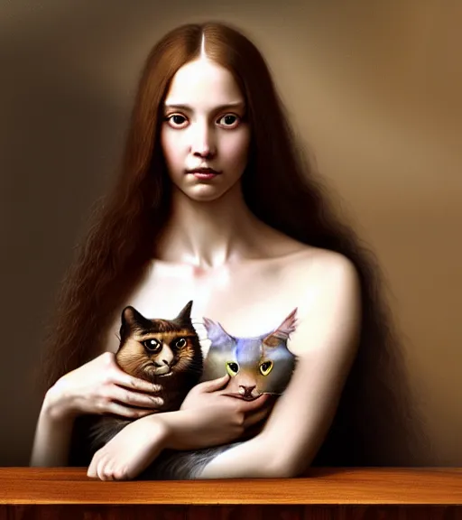 Image similar to portrait of a beautiful long - haired woman with her cat sitting upon a table with heightened detail, poised, intense emotion, detailed facial expression, detailed surroundings, intricate, elegant, highly detailed, centered, digital painting, artstation, concept art, smooth, sharp focus, illustration, by ( leonardo da vinci ), wlop