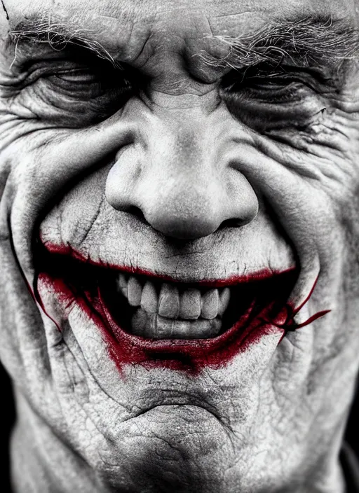 Prompt: photo of Mark Hamill as the Joker by Lee Jeffries and Eolo Perfido, grotesque smile, detailed, award winning, Sony a7R