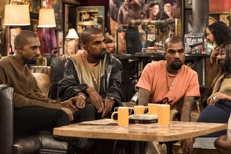 Prompt: Kanye West and Queenz Flip (2018) are best friends, drinking coffee at central perk, still photo, hyperrealistic, 35mm, 8k, by weta digital