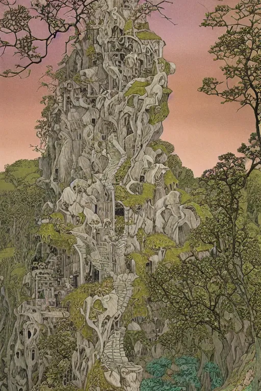 Prompt: imposing prospects of ecological ruin, tinged with subtle hope in beige and pink. award winning surrealist art by escher, rebecca guay and hayao miyazaki. trending