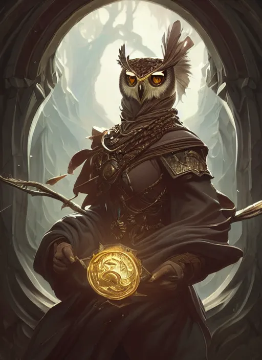 Prompt: level 1 4 owl wizard, d & d, fantasy, intricate, elegant, highly detailed, digital painting, artstation, concept art, matte, sharp focus, illustration, hearthstone, art by artgerm and greg rutkowski and alphonse mucha