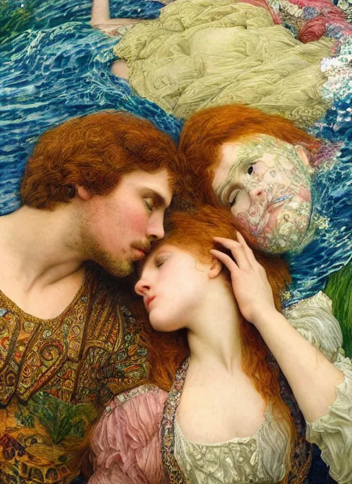 Prompt: detailed colourful masterpiece of intricate preraphaelite art novueau photography couple portrait sat down extreme closeup, love, inside an underwater train, detailed realistic expressions, wearing unusual clothes, by ford madox brown and frederic leighton, ultra wide angle