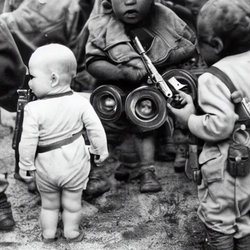 Image similar to Babies going to war, WW2 photography, very patriotic, white and black photography, 8k