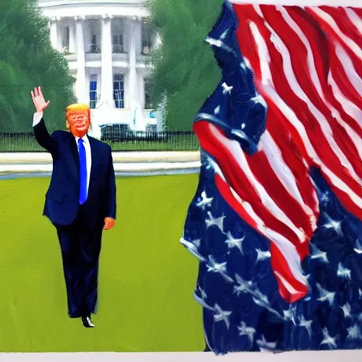 Prompt: presidential painting of donald trump waving an american flag, outside the White House