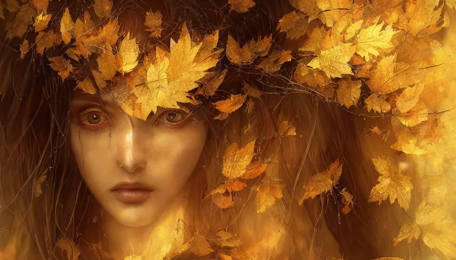 Image similar to golden leaves at frame border, creative!!! composition for a book cover!!!, absurdly beautiful, ultrafine hyperrealistic detailed old!! witch face by wlop and artgerm and greg rutkowski, intricate linework, sharp focus, smooth, octopath traveler, final fantasy, unreal engine, dramatic lighting, ethereal, 8 k