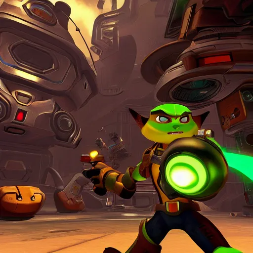 Prompt: ratchet & clank in the style of DOOM 1993 Game