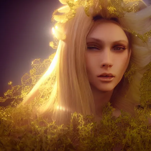 Image similar to beautiful pragmatic face, crystal, platinum, gold, biomechanoid with incredible iridescent pearlescent voluminous fiberoptic hair, crystalline masterpiece implants, hyperdetailed face, elegant pose, movie still, intricate, octane render, cinematic forest lighting, unreal engine, dieselpunk setting, crepuscular rays, god rays.