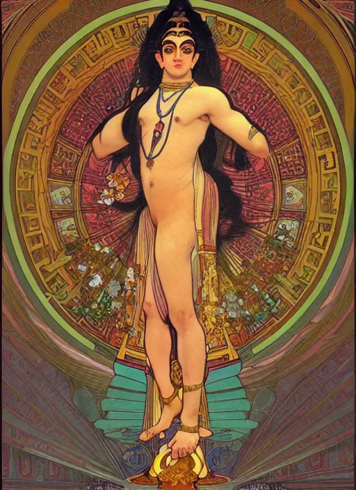 Image similar to a full body portrait of beautiful ornated hanuman!!!! god with flowing medium hair, soft facial features, kind appearence, digital art by alphonse mucha, inspired by krishen khanna and madhvi parekh, symmetrical body, artgerm, portrait, muted color scheme, highly detailed, outrun art style