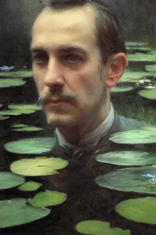 Image similar to detailed cinematic moody colors studio portrait of a victorian gentleman in a victorian pond, water lilies, high quality by jeremy mann, only one head single portrait