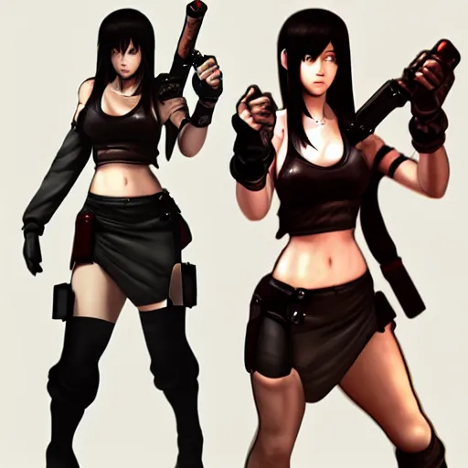 Image similar to concept art of tifa lockhart holding unusual weapon, showing face and body, trending on artstation