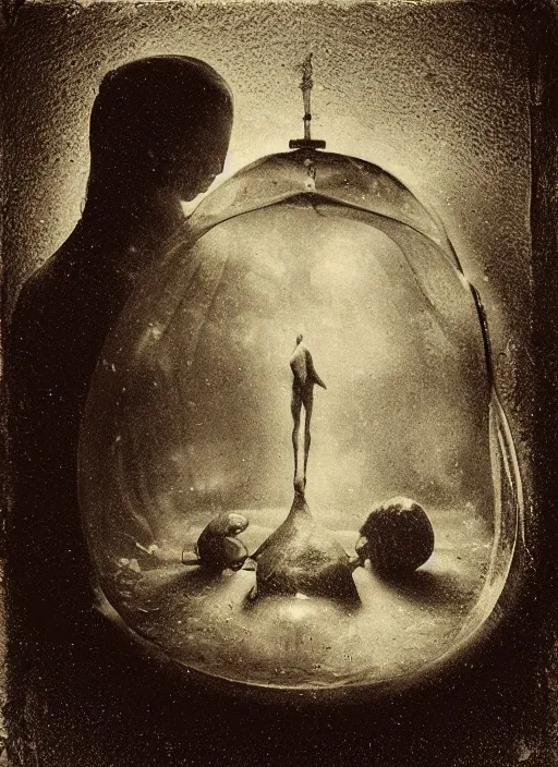 Prompt: old wetplate daguerreotype birth of artificial futuristic embryo cyborg life shot in the reflection of window, fractal, intricate, elegant, highly detailed, parallax, leica, medium format, subsurface scattering, by jheronimus bosch and greg rutkowski and louis jacques mande daguerre