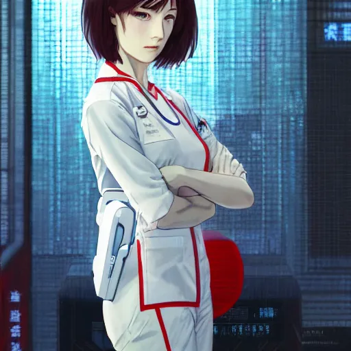 Prompt: manga girl in a white medical uniform with red details, fine - face, olivia wilde, realistic shaded perfect face, fine details. anime. realistic shaded lighting poster by ilya kuvshinov katsuhiro otomo ghost - in - the - shell, magali villeneuve, artgerm, jeremy lipkin and michael garmash and rob rey