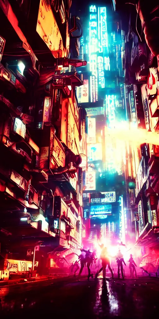 Image similar to epic highly detailed photo of gangs fight in cyberpunk night adult club, 3 5 mm, guns blasting, low angle, blade runner, akira, cinematic angle, cinematic lighting, reflections, action, battle