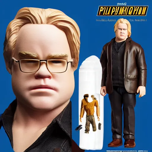 Image similar to product shot of Phillip Seymour Hoffman action figure, original packaging, full shot, including accessories