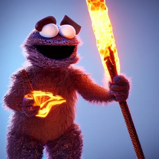 Prompt: Cookie Monster wearing chainmail tunic holding a glowing fire magical staff. Trending on Artstation, octane render, ultra detailed, art by Ross tran