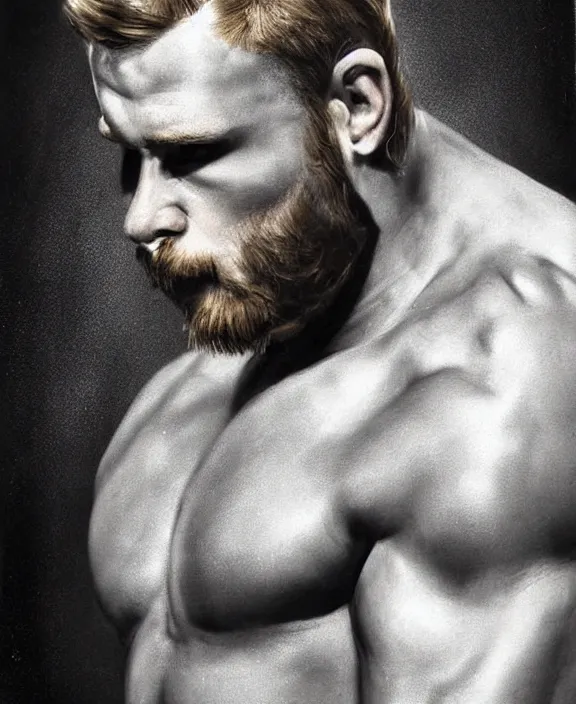 Image similar to portrait of a handsome young swedish wrestler, art by denys tsiperko and bogdan rezunenko, hyperrealism