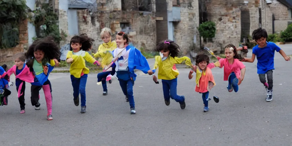 Prompt: children running with large scissors, named scissor tag