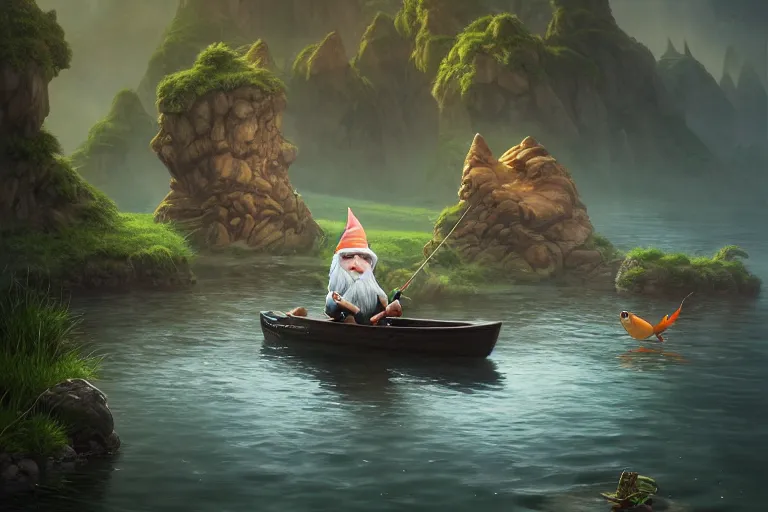 Image similar to legendary elegant gnome fishing in lake, highly detailed, d & d, fantasy, highly detailed, digital painting, trending on artstation, concept art, sharp focus, illustration, global illumination, ray tracing, realistic shaded, art by artgerm and greg rutkowski and fuji choko and viktoria gavrilenko and hoang lap