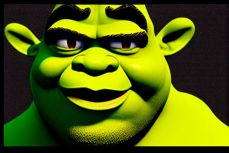 Image similar to ( ( dither ) ), editorial pixel art portrait of an angled 2 d shrek,'he knows what you did ', confident smirk, 😏, ( ( mads berg ) ), rich detailed pixels, detailed, dynamic composition, detailed pixel artwork, full og shrek, wide angle, matte print, art nouveau, unreal engine