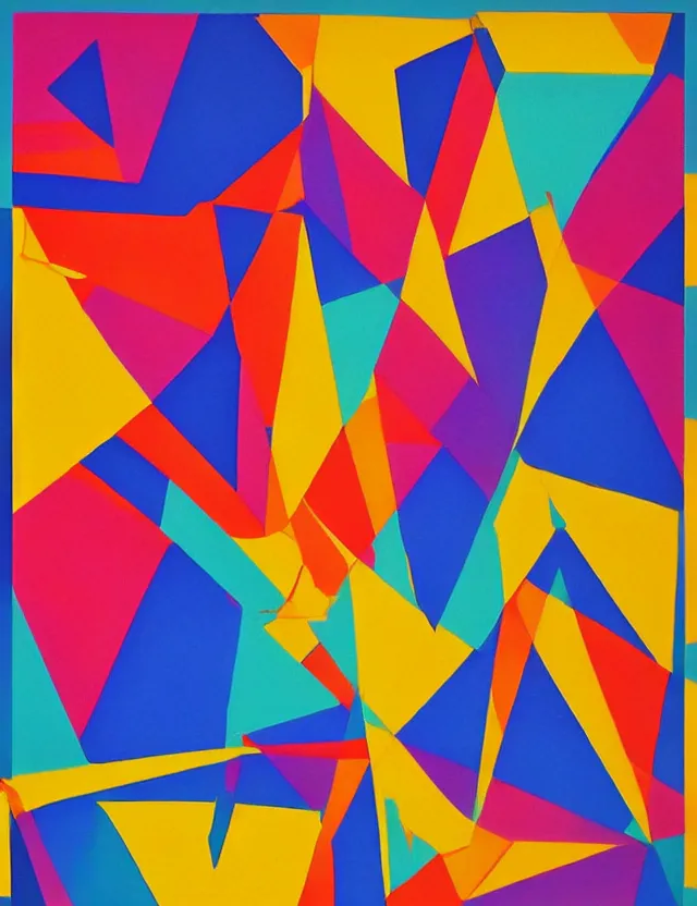 Image similar to a abstract bright color painting with geometrical shapes, symmetry in the style of farid alam