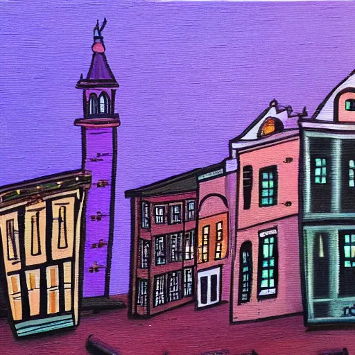 Image similar to painting of old town, horror, purple dim light, tiny houses and a big 8 floors building in the middle