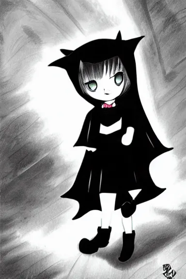 Image similar to attractive little boy in black cat suit with cape, black and white artwork made by boichi,