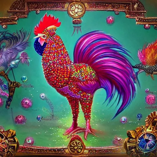 Image similar to fantasy art ultra detailed of the most bedazzled rooster king in all it's glory