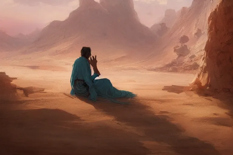 Prompt: lonely wanderer in desert, sitting on lap and praying to the gods, trending on artstation, by Greg rutkowski