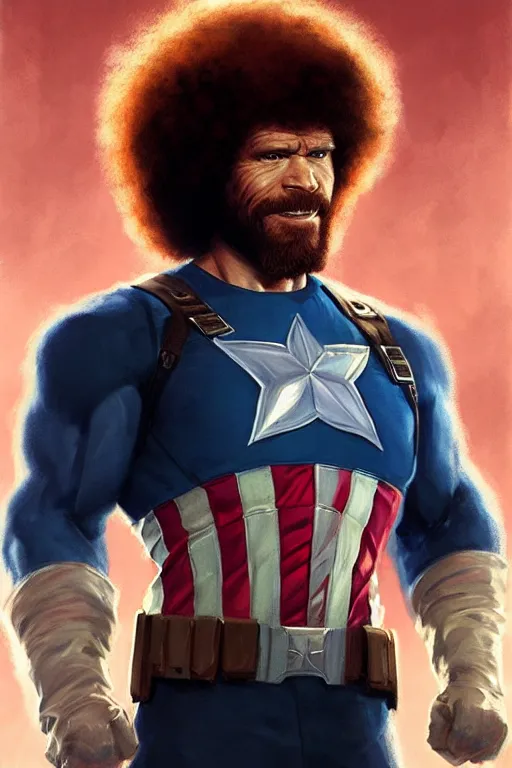 Prompt: bob ross as captain america, portrait, highly detailed, digital painting, artstation, concept art, smooth, sharp focus, illustration, cinematic lighting, art by artgerm and greg rutkowski and alphonse mucha