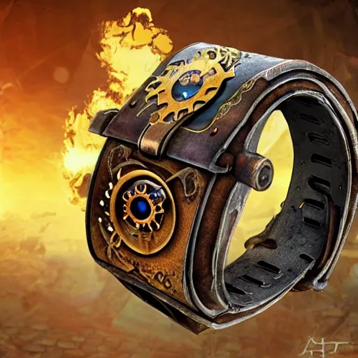 Image similar to A steampunk wristband that launches out a grapple using steam canisters, epic fantasy art style HD