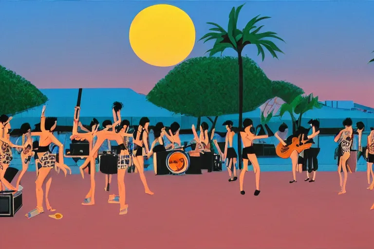 Image similar to stylistic oilpainting of a Punkband performing next to a swimming pool by sunset, painted by Hiroshi Nagai