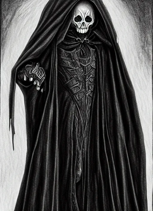 Image similar to pencil ultradetailed painting of the necromancer, wearing a black cloak, crisp