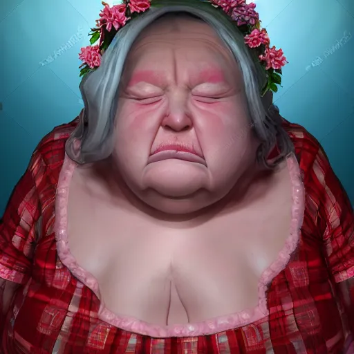 Image similar to of a very funny scene. ambient occlusion render. a sweet fat old woman is in kissing her huge belly. flowery dress. mirror. symmetrical face, red mouth, blue eyes. deep focus, lovely scene. ambient occlusion render. concept art. unreal engine.