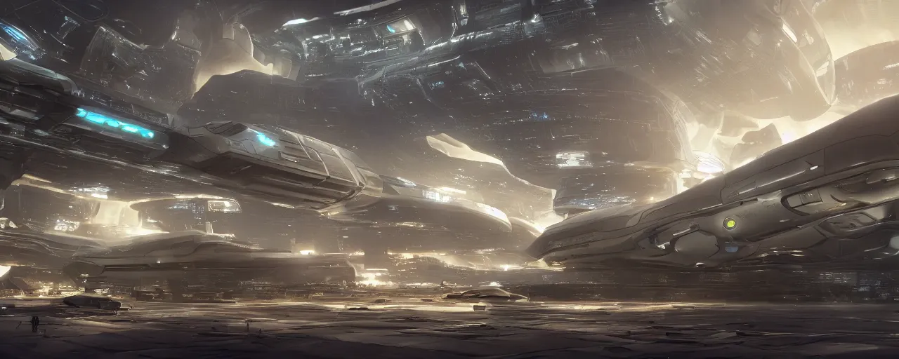 Prompt: a massive futuristic spaceship docking bay with small trading posts at the sides multi - layered flooring large segmented metal partitions, space ships flying at a distance, by craig mullins, neil blevins, dylan cole, james paick, hyper realistic, 8 k, vray render, artstation, deviantart,