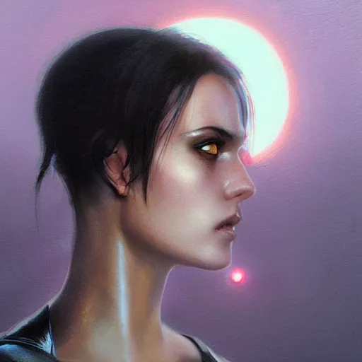 Image similar to close - up portrait of a young beautiful cyberpunk woman, mirror eye implants, short black hair, sunset, painted by seb mckinnon, high detail, digital art, painted by greg rutkowski, trending on artstation