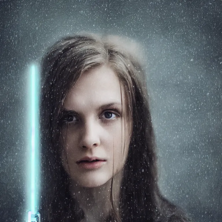 Image similar to cute model annie leonhart holding a lightsaber, beautiful face, detailed face, realistic eyes, pale skin, rule of thirds, cinematic lighting, rainy weather, melancholy atmosphere, volumetric light, realistic reflections, sharp focus, backlit, model agency, instagram photo, shot on sony a 7 iii, beauty filter, postprocessing