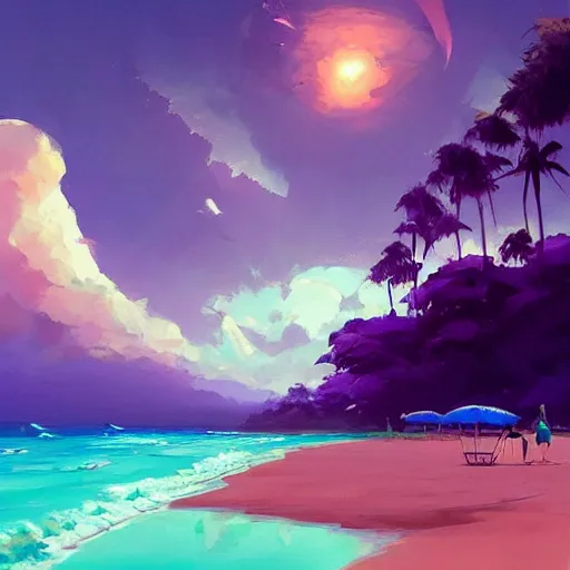 Image similar to beach with jungle in the background, purple sky with planets above, official fanart behance hd artstation by jesper ejsing, by rhads, makoto shinkai and lois van baarle, ilya kuvshinov, ossdraws