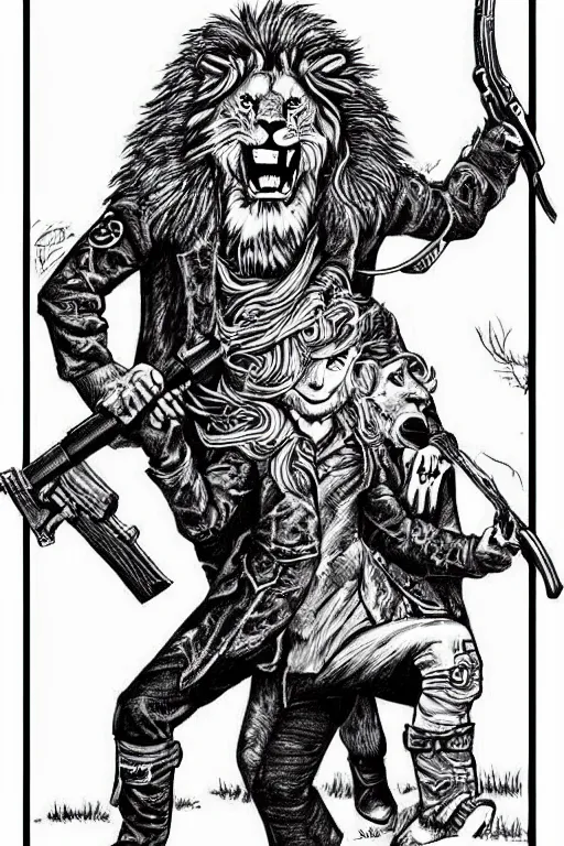 Prompt: lion and an armed hunter, art style ben garrison!!!!!!!!!!!!!!!! drawn by ben garrison, iconic, masterpiece, ornate and detailed, cartoon