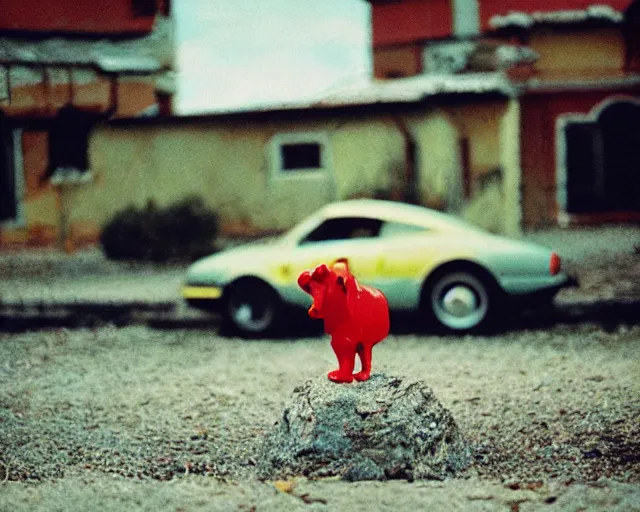 Image similar to a lomographic photo of ferrari standing in typical soviet yard in small town, hrushevka on background, cinestill, bokeh