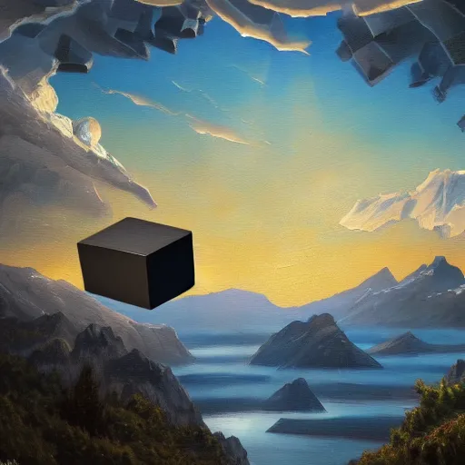 Image similar to largely animated black cube sits in the air, levitating above a pristine lake with a background of residual peaceful mountains, robustly intricate oil painting, 4 k quality, trending on artstation